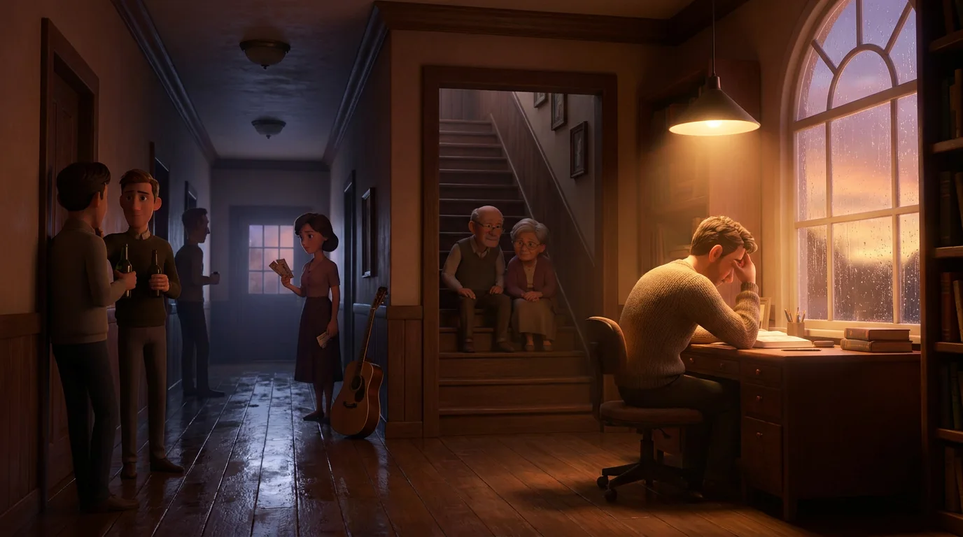 A man working alone under a desk lamp late at night while two friends with beers, a woman holding tickets, a guitar and an older couple on the stairs all wait patiently in the dim hallway behind him