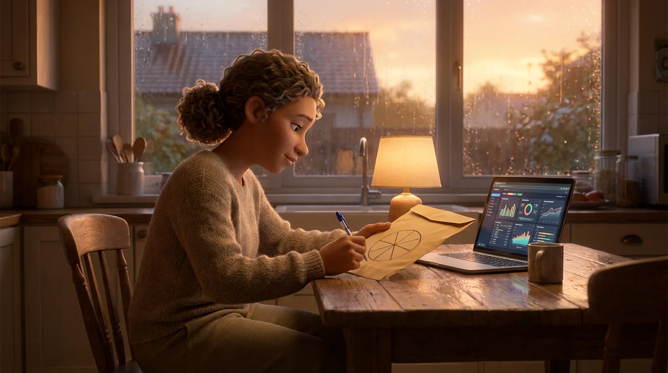 A woman at a kitchen table drawing an eight-spoke wheel of her own life on the back of an envelope, ignoring a laptop beside her covered in financial charts