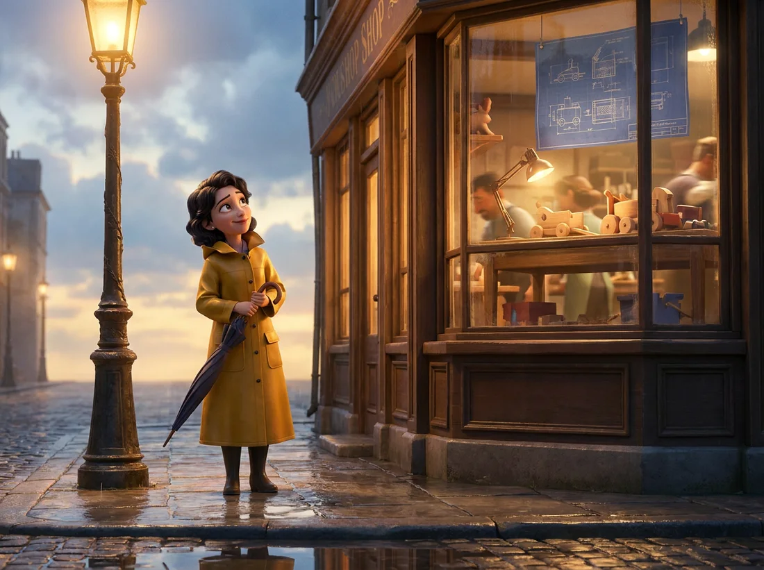 A woman in a mustard raincoat with a closed umbrella, waiting under a streetlamp on a wet cobbled street, looking up at a lit workshop window where the work is still going on