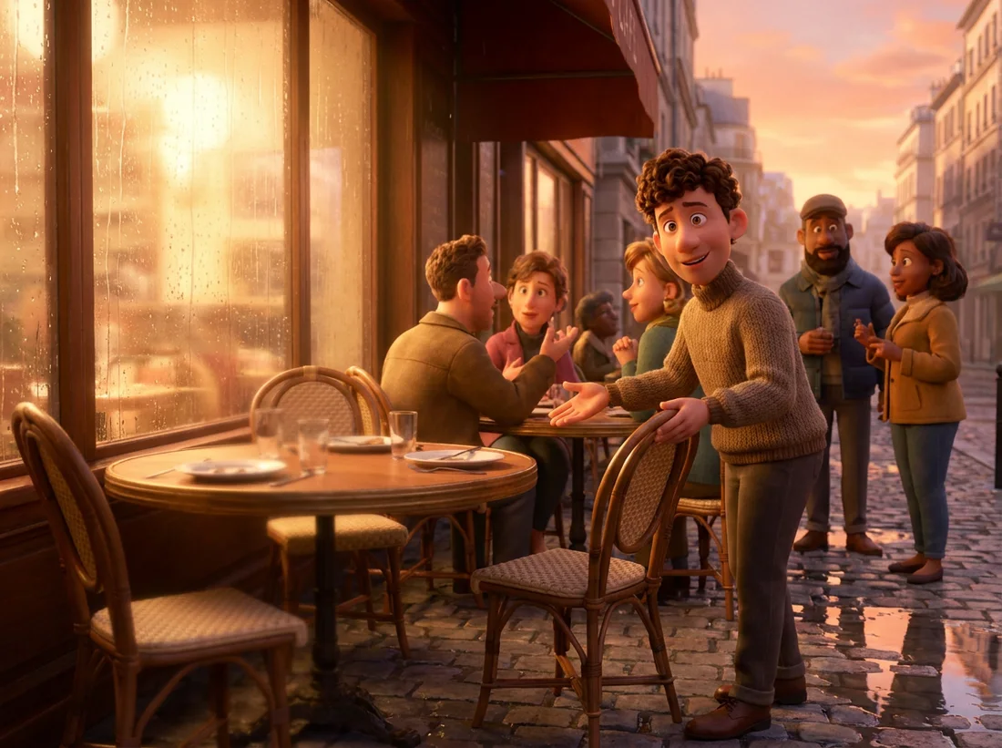 Six people mid-conversation at a cafe table, one of them turned towards you with a hand on the back of an empty chair